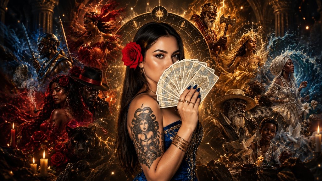 Tainá Bevilaqua segurando cartas do Baralho Cigano